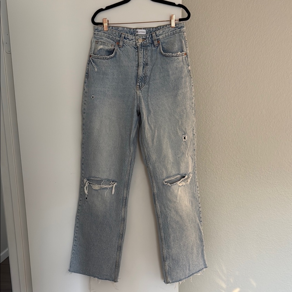 Zara Blue Straight Leg Jeans with Distressed Details